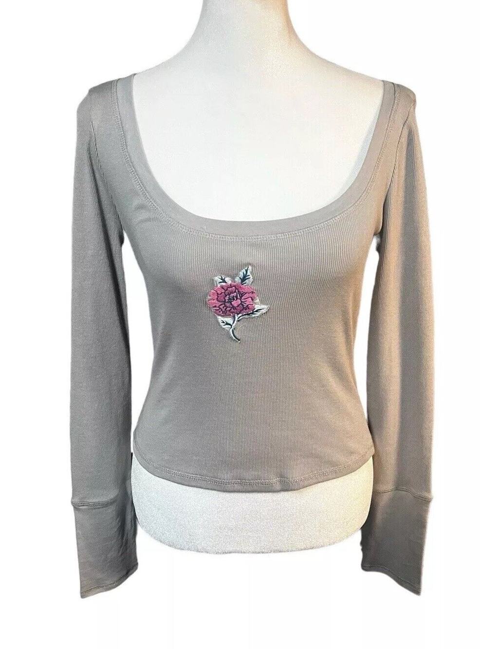 Free People Womens Gray Long Sleeve Scoop Neck Top Boho Balletcore Casual Sz S